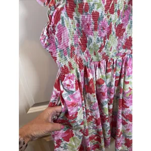 Entro Floral Smocked Mini Dress | Pink Ruffle Flutter‎ Sleeve Square Neck Large thumbnail 4