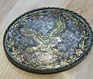 Vintage Eagle Belt Buckle Made In USA Mixed Metal Silver Gold Copper Oval thumbnail 1