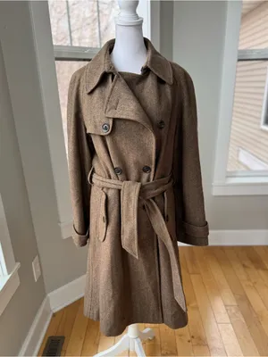 Vintage GAP Tan Wool Herringbone Belted Trench Coat Size Medium thumbnail 10