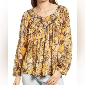 Free People We The Free Cool Meadow Midnight Combo Long Balloon Sleeves Boho Slouchy Top L thumbnail 4