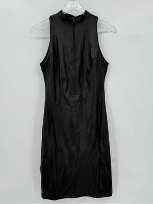 Popilush Shapewear Sculpting Faux Leather Zip Bodycon Dress Black Large NEW thumbnail 3