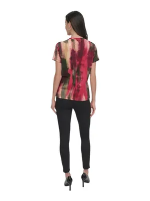 NWT DKNY Abstract-Print T-Shirt Logo P5EHXWNA June Brush Stroke Red Multi XS thumbnail 4