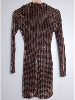 ASTR Nia Metallic Houndstooth Mini Dress XS Copper Black Vneck Jersey Stretch thumbnail 11