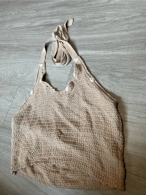 Sincerely Jules Beige Knit Halter Crop Top with Shell Buttons thumbnail 1