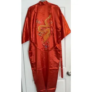 VTG Golden‎ Dragon Kimono Sz XL Red Silk Embroidered Oriental Chinese New Year thumbnail 2