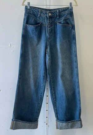 CIDER Women’s Baggy Jeans Straight Wide Leg High Waisted Fold Hem Denim Pants Sm thumbnail 1