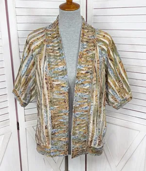 Chicos Shirred Cut Away Art To Wear Short Sleeve V Neck Jacket Tan Multi‎ Large thumbnail 1