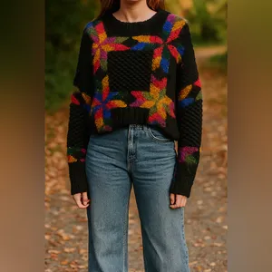 Vintage Knitting needles Hand Knit Quilt Pattern Fuzzy Crewneck sweater size M thumbnail 2