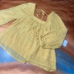 New O'Neill Yellow peasant top 3/4 Sleeve Blouse tie back cotton gauze xs thumbnail 1