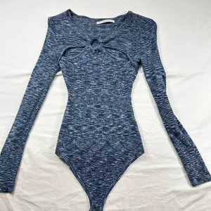 Abercrombie & Fitch Blue Ribbed Bodysuit Long Sleeve Cutout Tie Front Women S thumbnail 2