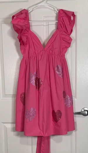 NWT Peach Love California Vibrant Pink Heart Glitter Babydoll Dress Size M thumbnail 1