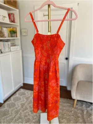 Universal Threads Orange‎ Floral Smocked Mini Dress Summer Boho XS Coastal Resort thumbnail 2