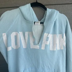 PINK Victorias Secret Deep V-neck Terry Cloth Hoodie Medium Logo Aqua‎ Blue Soft thumbnail 2