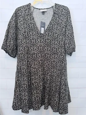 Universal Threads Black and White Puff Sleeve Mini A- Line Dress Size L NWT thumbnail 3