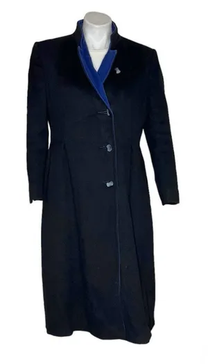 JULES MILLER Black Coat Blue Collar Lapel Fully Lined Midi Length VINTAGE thumbnail 1