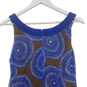 Tory Burch Forisa Silk Dress 4 Blue Brown Geometric Braided Neck Flaw Read thumbnail 5