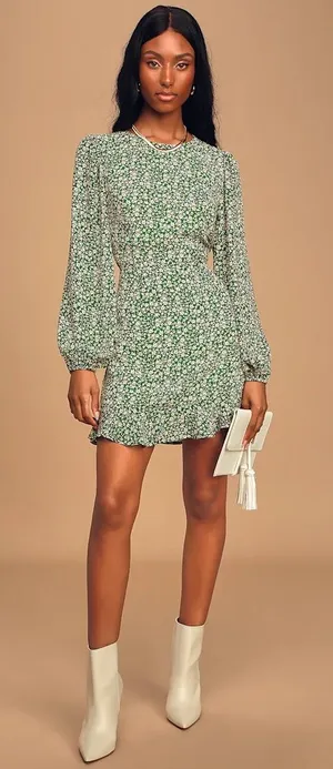 Lulu’s Blooming Darlin' Green Floral Print Ruffled Mini Dress thumbnail 1