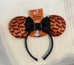 NWT Disney Minnie Mouse Boo! Halloween Orange Black Sequin Glow-in-the-Dark Ears thumbnail 1