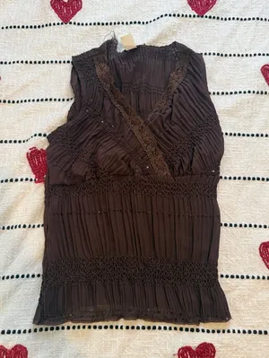 Y2K 2000s Sleeveless Brown V-Neck Pleated Sequins Women's Top thumbnail 1