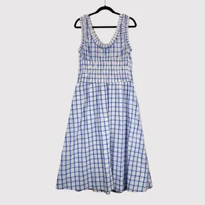 Taelynn Midi Dress Blue Plaid Sleeveless Smocked A Line Flowy Cottagecore Large thumbnail 2