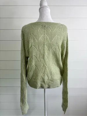 Crescent Wool Mohair Blend Saga Green Open Knit Cardigan Sweater Button Front thumbnail 4