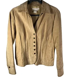 A.M.I. Leather Jacket Tan Brown Suede Button Up Womens Medium Career‎ thumbnail 1