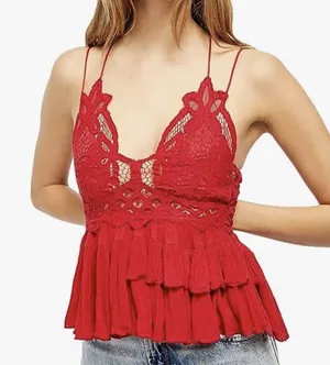 Free People Intimately X-Small Adella Cami Top Cherry Red Ruffled Crochet Lace thumbnail 1