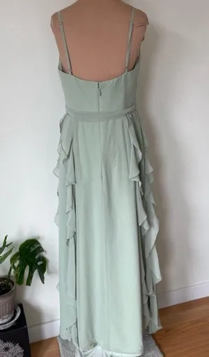 Azazie PEYTON Dusty Sage Green Flowy Ruched Chiffon Bridesmaid Dress Gown EUC A8 thumbnail 2