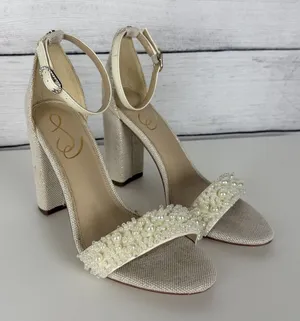 SAM EDELMAN Yaro Perla Beaded Block Heel Sandals Ivory US Size 7.5 Wedding Party thumbnail 1