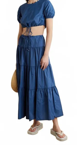 Staud Lucca Tiered Maxi Skirt Drawstring Nylon Cobalt Blue Women Size Small NWT thumbnail 1