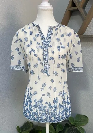 Max Studio White Blouse Floral Butterfly Short Sleeve Blouse Boho Coastal Casual thumbnail 1
