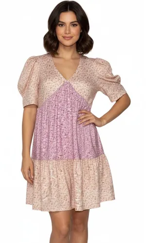 Free The Roses Floral Colorblock Tiered Knit Babydoll Mini Dress thumbnail 1