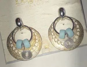 Aged Silver Tone Hoop Earrings with Light Blue Beads thumbnail 1