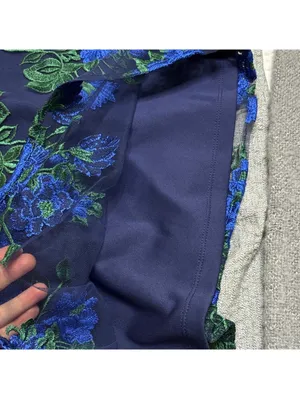 💕NWOT Leslie Fay Navy Dress Blue Floral Embroidered Bell Sleeve Sheath Sheer thumbnail 5
