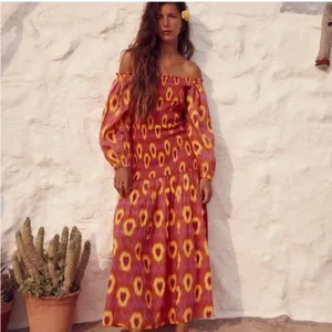 Zara Pink Orange Ikat Smocked Off Shoulder Puff Sleeve Midi Dress‎ Womens XL thumbnail 5