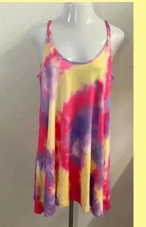 🆕Yellow Colorful Tie Dye Trendy U Neck Swing Mini Dress L🆕 thumbnail 2