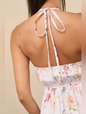Lulus Alwynn Ivory Floral Halter Mini Dress Size XS Vacation Sleeveless Party thumbnail 3