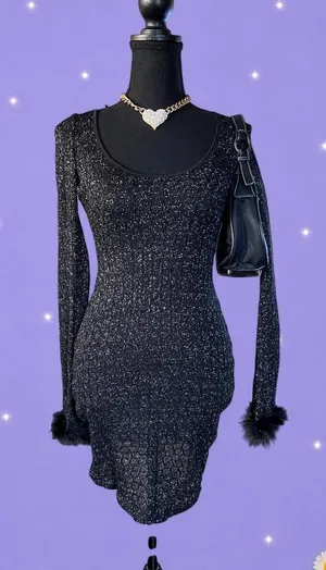 PrettyLittleThing Glitter Sheer Feather Cuff Bodycon Mini Dress size 2 thumbnail 1