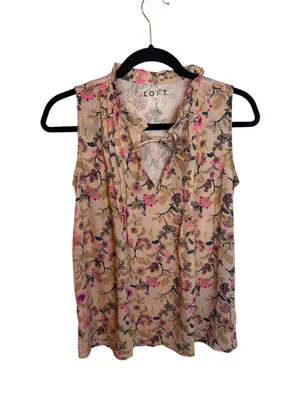 NWT Loft Floral Pintuck Ruffle Tie Neck Mixed Media Shell Top thumbnail 3