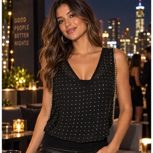 Bebe Black Rhinestone Studded Chain Trim Sleeveless Ruched Top Small thumbnail 2