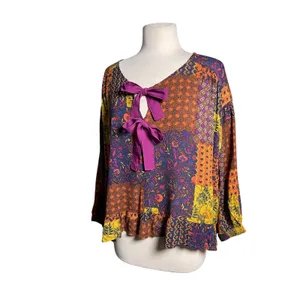 NWT EASEL Women’s Boho Tie Front Mixed Floral Paisley Print Top thumbnail 3