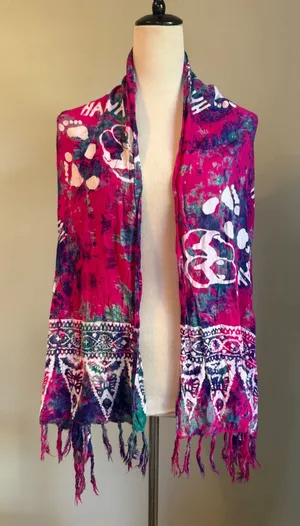 Pineapple Moon Hawaii Tie Dye Sarong Wrap Scarf Pink Purple Rayon Fringed Batik thumbnail 1