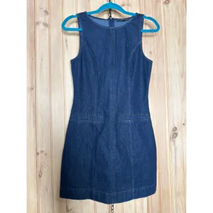 NWT Lulus Cataleya Dark Wash Denim Boat Neck Mini Dress Casual Weekend Size XS thumbnail 2