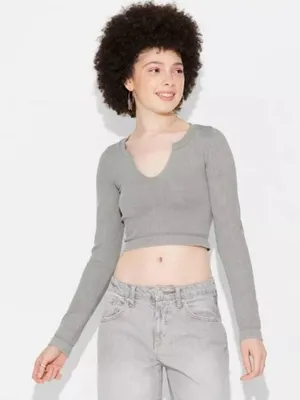 Wild Fable Womens Seamless Long Sleeve Notched Neck Ribbed‎ Crop Top Gray S thumbnail 1