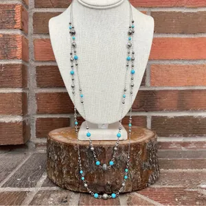 Layered Navajo Style Pearl & Turquoise Spaced Bead Necklaces thumbnail 1