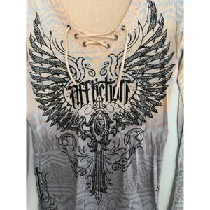 Affliction Nicolette L/S Rhinestone Cross & Wings T-Shirt Women's Size‎ Small thumbnail 9