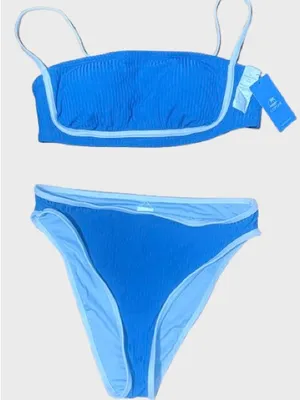 Cupshe Blue Ribbed Two-Piece Bikini with Light Blue Trim thumbnail 1