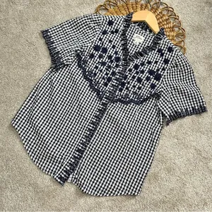 J.Crew Embroidered Indigo Crinkled Gingham Short Sleeve Navy White Top Cotton XS thumbnail 4