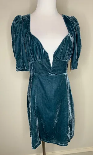 Forever 21 Velour Open Back Mini Dress Sz Medium Teal Boho Glam Cocktail thumbnail 1