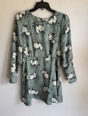 NWT Free People Sage Green White Floral Long Sleeve A-Line Mini Dress Womens 4 thumbnail 1